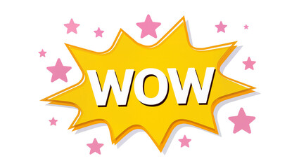 Fototapeta premium Yellow Comic Speech Bubble with Wow Text and Pink Starbursts