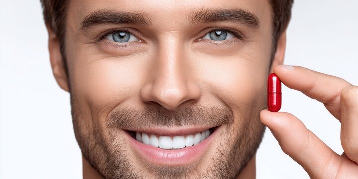 Smiling man holding a red capsule between his fingers, close-up portrait