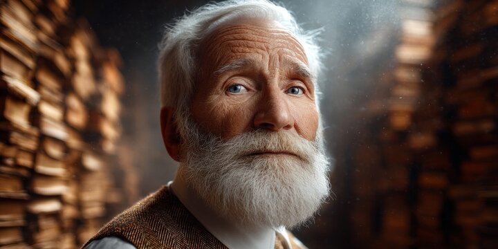 Portrait of a wise old man with a long white beard and blue eyes, looking thoughtful