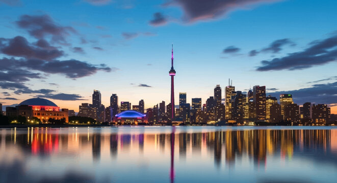 Panoramic view of Toronto skyline at dusk with CN Tower reflecting on lake water