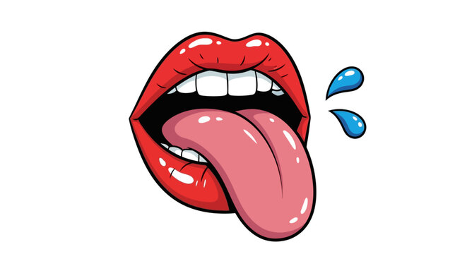 Cartoon illustration of red lips with tongue out and sweat drops on a white background