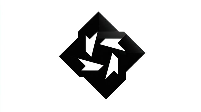 Abstract geometric diamond shape with rotating arrows in monochrome, flat design