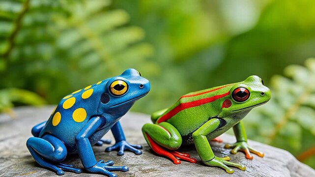 Vibrant blue and green poison dart frogs with yellow spots and red stripes perched on mossy rock in tropical rainforest&mdash;high-detail 3D render, wildlife illustration