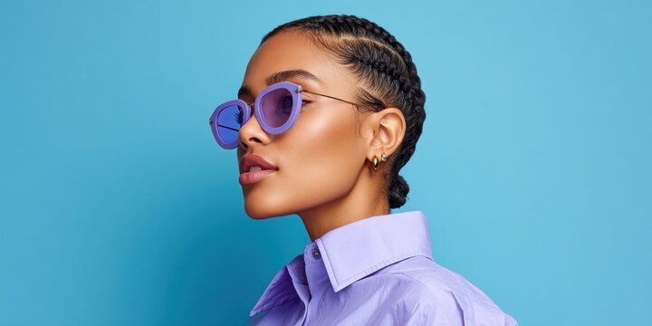 Stylish young woman with braided hair and purple sunglasses against a blue background