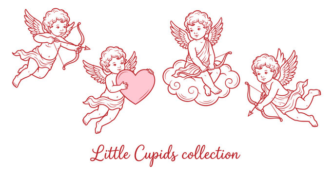 Cupid cherub angel with bow arrow heart on cloud line drawing set