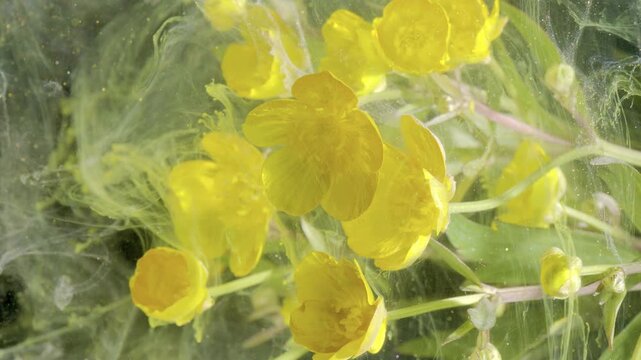 Yellow primrose drifting through green ink, floral designer composition evokes playful movement, whimsical petals and stems swirl in misty studio