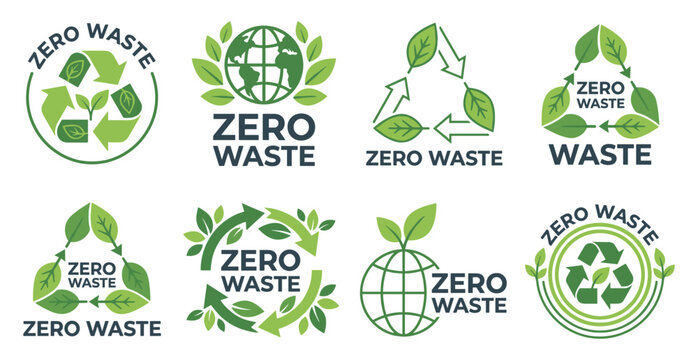 Zero waste logo set with recycle symbol leaf globe earth