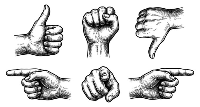 Hand gesture set thumb up down pointing finger engraving human arm sign