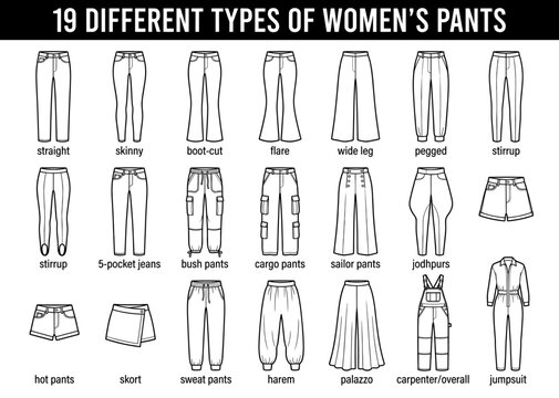Women pants type set with jeans cargo palazzo jumpsuit line art