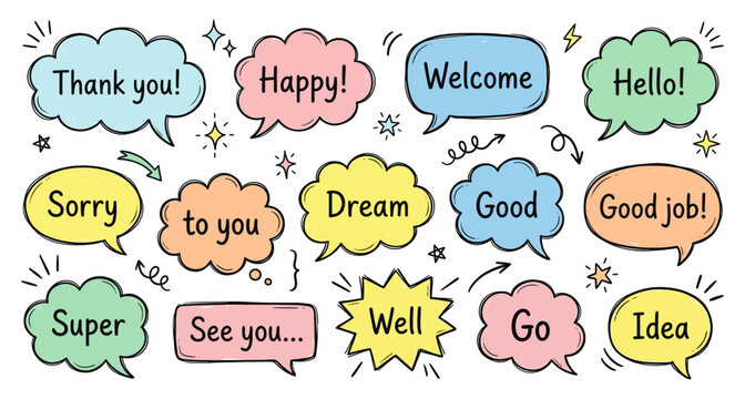 Speech bubble doodle set with hand drawn word hello thank you
