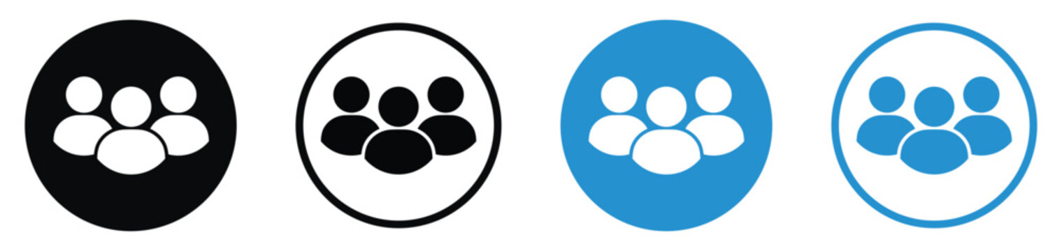 Vector group icon representing a team, community, or audience. Triple user silhouette in circular flat and line styles. Black and blue.