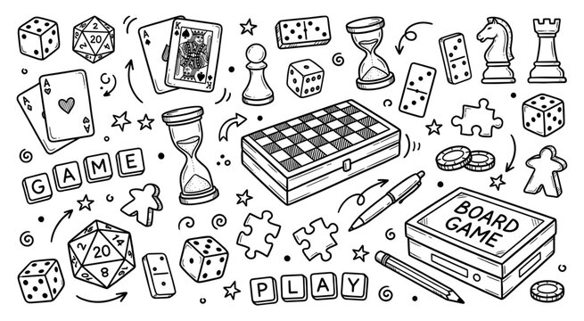 Board game doodle set with dice card chess and puzzle