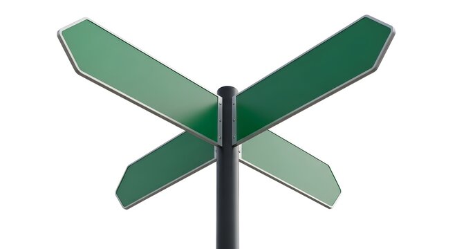 Four Blank Green Directional Signs On A Pole Against A White Background