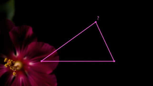 Pink triangle shown with flower. Question mark indicates unknown angle. Black background provides contrast. Geometry problem visible.
