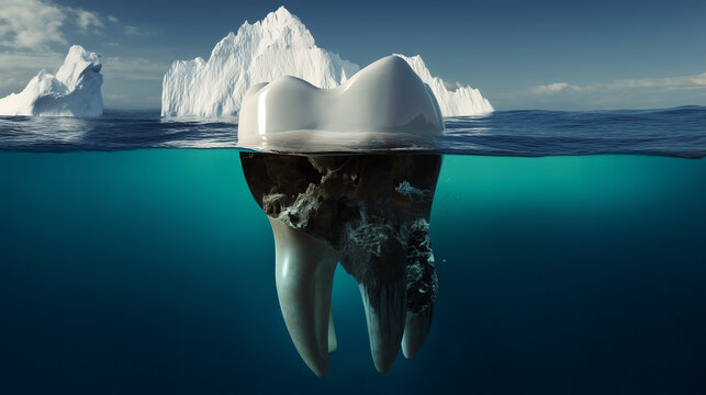 A conceptual dental illustration showing a tooth as an iceberg with hidden decay beneath the surface, representing unseen oral health issues.