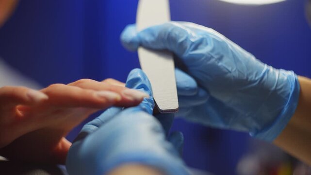 Shaping a beautiful nail plate using a nail file in a beauty salon. High quality 4k footage