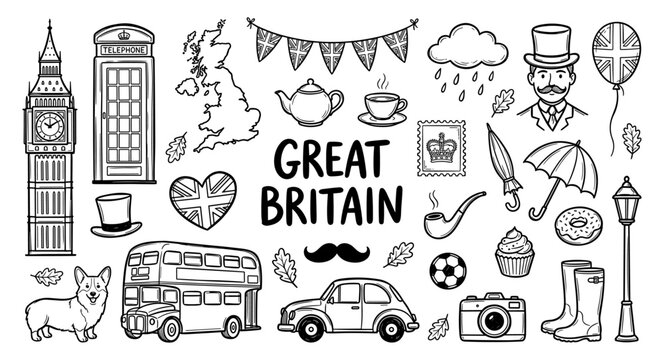 Great Britain doodle set with Big Ben and bus in hand drawn sketch