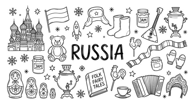 Russia doodle set with matryoshka and samovar in hand drawn sketch