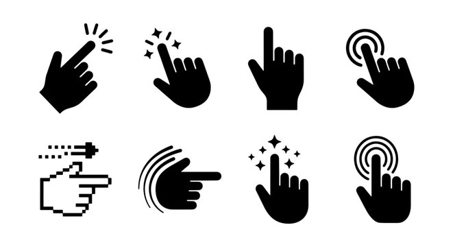 Black hand cursor icons, 8 clicking gesture vectors, touch screen pointers