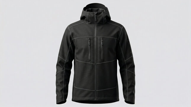 Blank black tactical softshell jacket hoodie mockup isolated on a light grey background