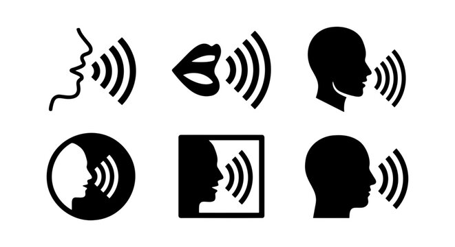 Voice control icons, 6 speaking head vector symbols, audio command set