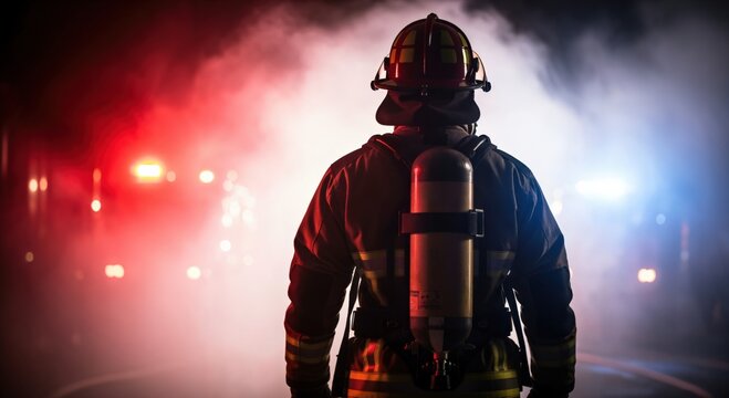 Brave male firefighter in protective gear facing smoke and emergency lights, mental health concept