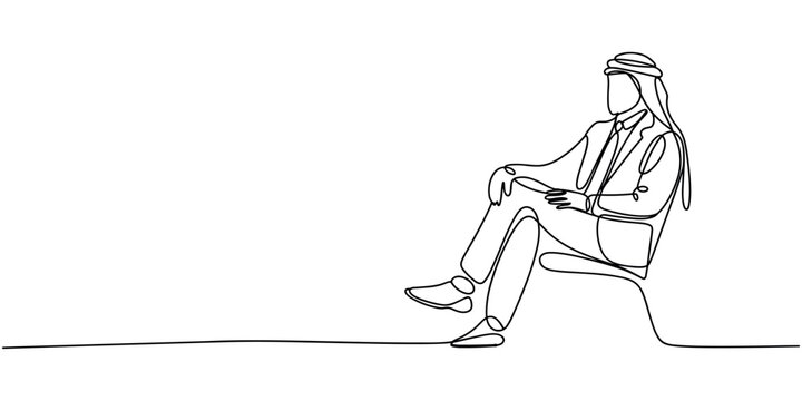 Single line of an arab man in traditional headdress and suit sitting traditional clothing one line continuous line