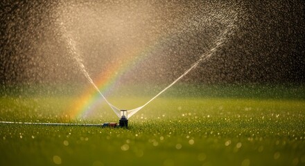 Obraz premium Irrigation sprinkler creating a vibrant rainbow in the water spray over a green grass field