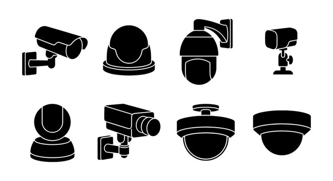 Security camera icons, 8 surveillance vector elements, CCTV monitoring set