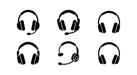 Headphone icon set, black headset vector icons, 6 audio equipment symbols © Emon