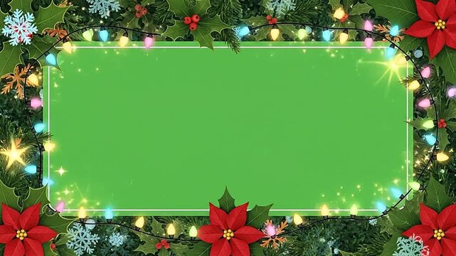 A festive green frame decorated with seasonal foliage and glowing lights