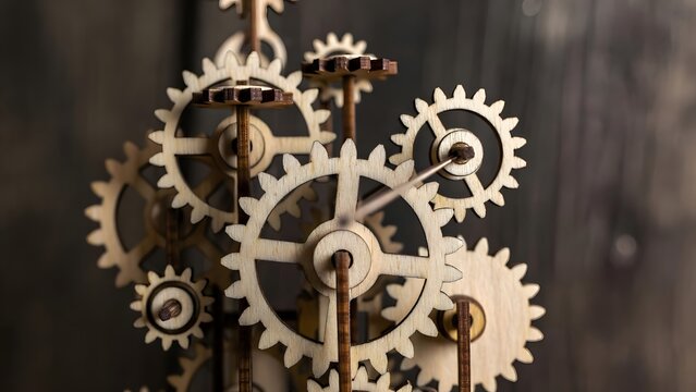 Wooden Clock Gears Mechanism Close Up photo stock