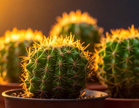 Close-up of potted cacti with golden sunlight highlighting spiky textures