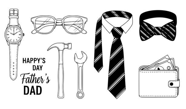 Father&rsquo;s Day design set with tie watch glasses tools wallet and greeting text in black flat style illustration