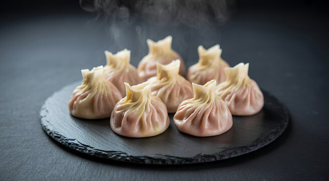 Freshly cooked steaming khinkali dumplings arranged on a round black stone plate for serving