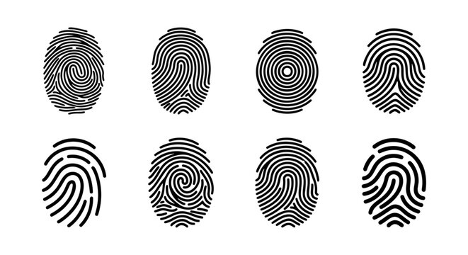 Biometric fingerprint icons, 8 black thumbprint vectors, security id set