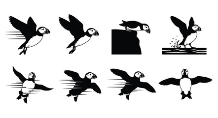Black Puffin Seabird Silhouette Set Vector Illustration Collection Isolated on White Background © selena