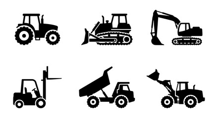 Heavy construction machinery icons, 6 industrial vehicle vector silhouettes © Ibrahim