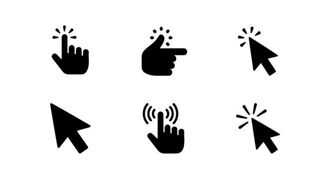 Black cursor icon set, 6 computer mouse pointers, clicking hand vectors