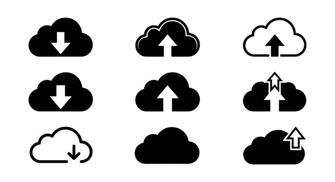 Cloud computing icons set, 9 upload and download vector symbols, data storage