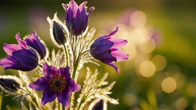 Close up view of vibrant purple pasqueflower blossoms illuminated by soft sunlight in nature's serene landscape