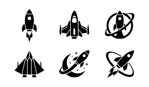 Rocket ship icon set, black spaceship vector, 6 space shuttle symbols
