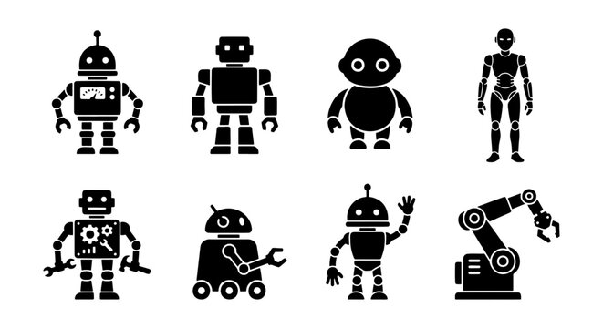 Robot icon set, black silhouette android characters, 8 vector elements