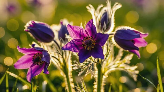 Close-up of vibrant purple pasqueflowers with delicate petals and fuzzy stems under warm sunlight