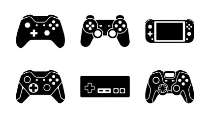Video game controller icons, 6 gaming gamepad vectors, black console joypads © Robiul