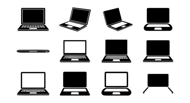 Laptop computer icon set, 12 notebook vector symbols, black pc silhouettes