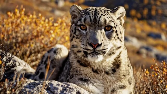 Majestic snow leopard resting serenely in its natural high-altitude habitat, observing surroundings with focused gaze