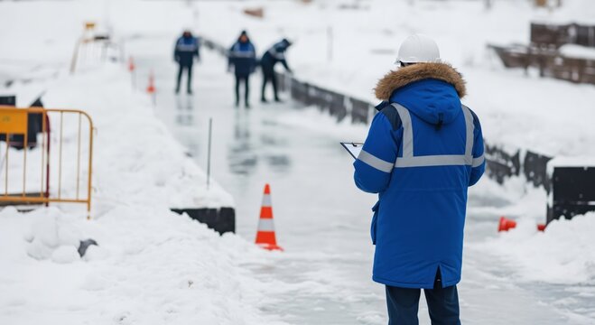 Male engineer in blue parka conducting arctic infrastructure site inspection in winter