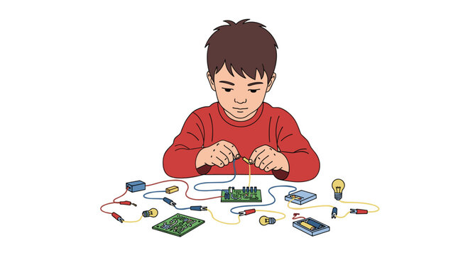 Focused young boy in a red shirt connecting colorful wires to a complex circuit board with various electronic components scattered on a white surface.