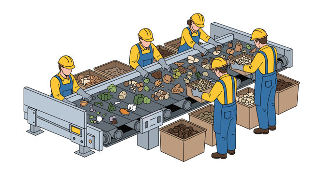 Four diligent workers in yellow hard hats and blue overalls sorting fresh vegetables on an industrial conveyor belt system in a clean food factory.